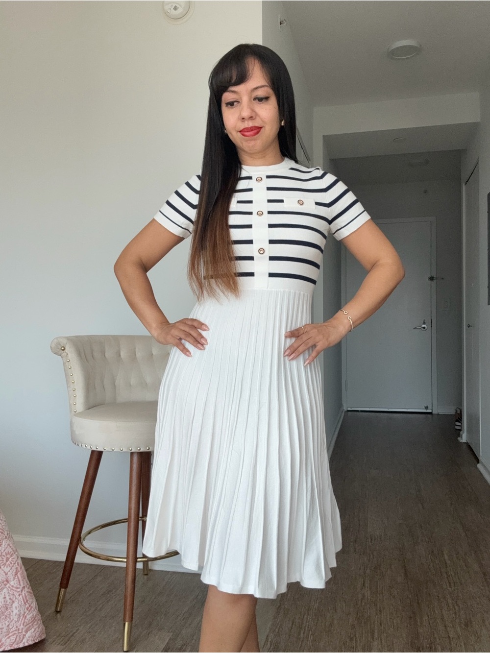Striped Short-Sleeve Knit dress in Ivory and navy with golden buttons